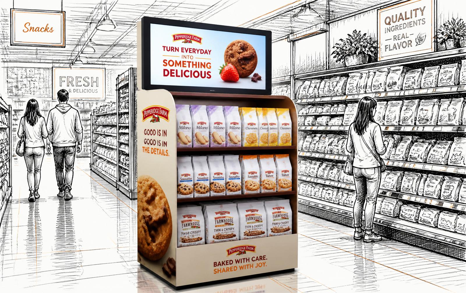 Shopper reaching for a branded product on a lit grocery endcap