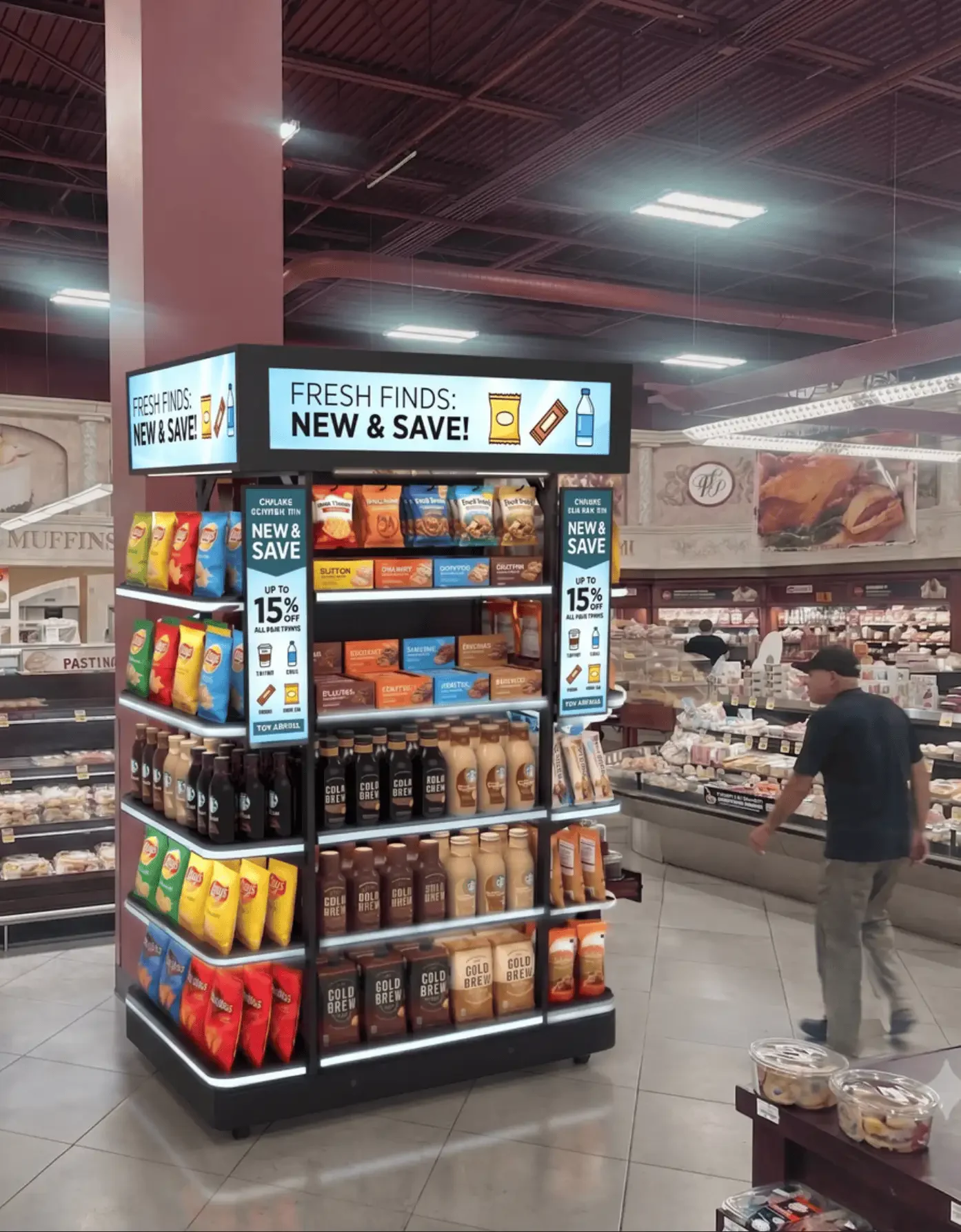 The Spotlight end cap standing in a busy grocery aisle with a lit header screen and a shopper walking past
