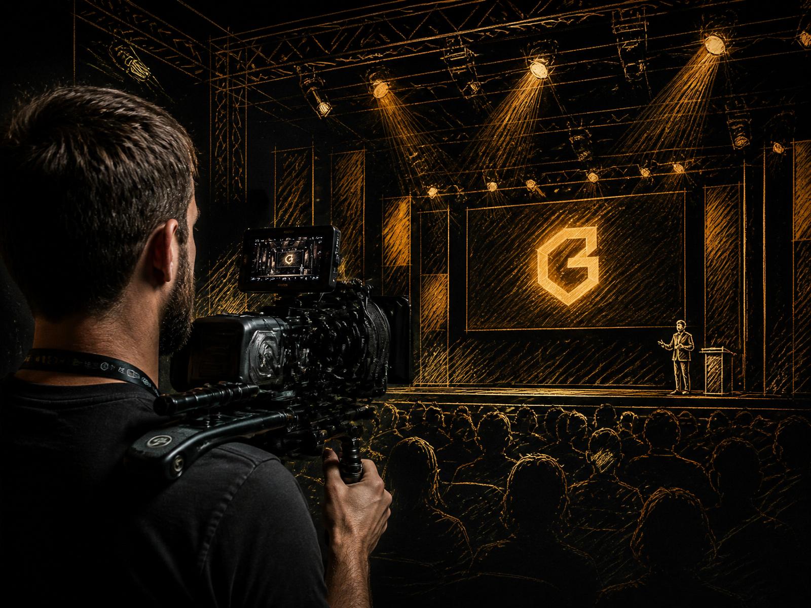 Videographer with a shoulder rig filming a keynote in the Golden Image Style