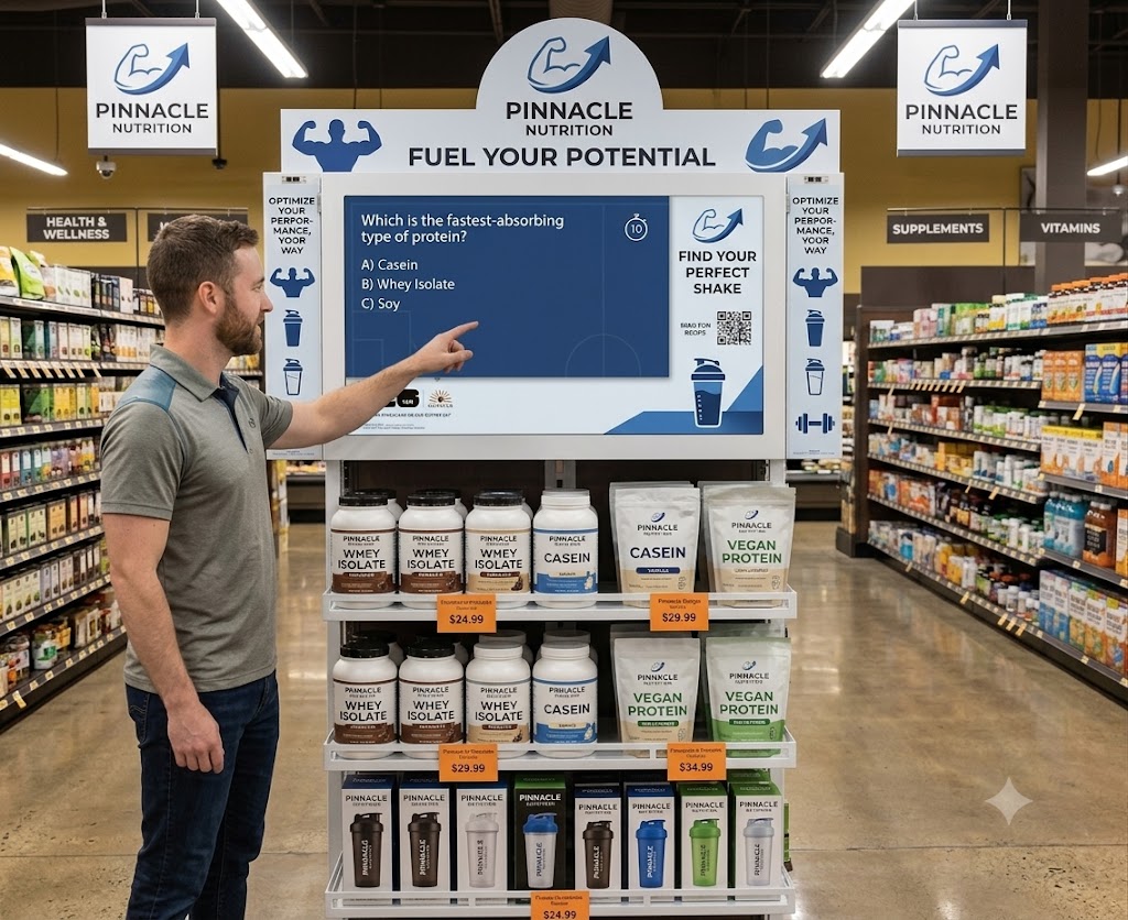 Shopper interacting with a Pinnacle Nutrition digital quiz screen above a branded protein endcap in a grocery aisle, powered by Golden Scope Partners Spotlight Shelf retail activation.
