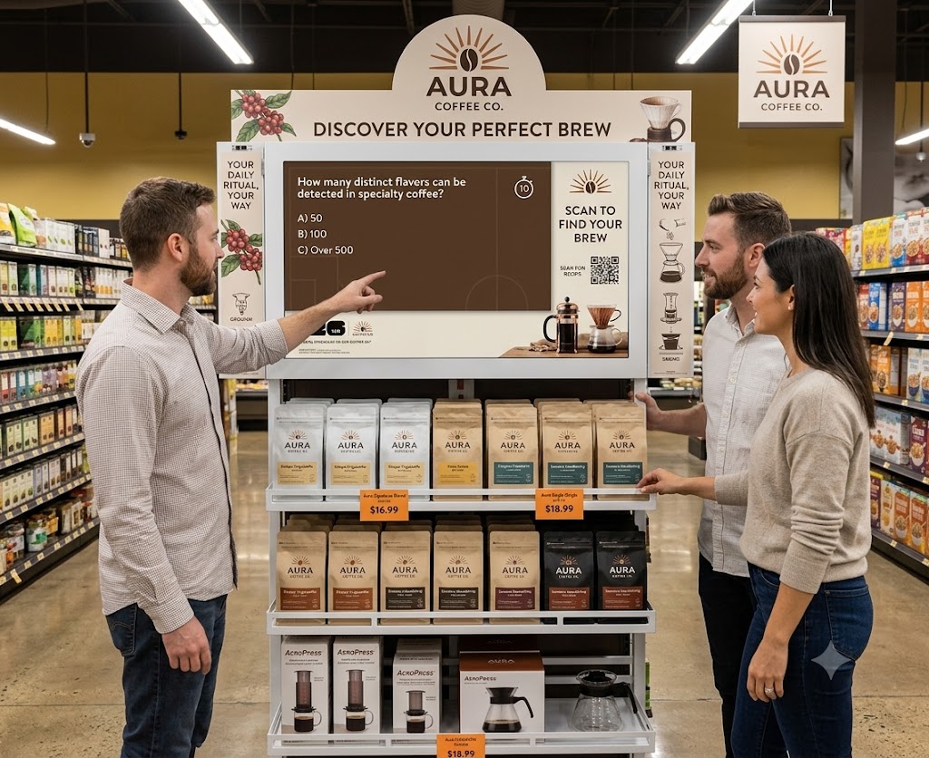 Interactive retail display unit with product merchandising and digital touch screen engagement, built by Golden Scope Partners for in-store brand activation and retail display.