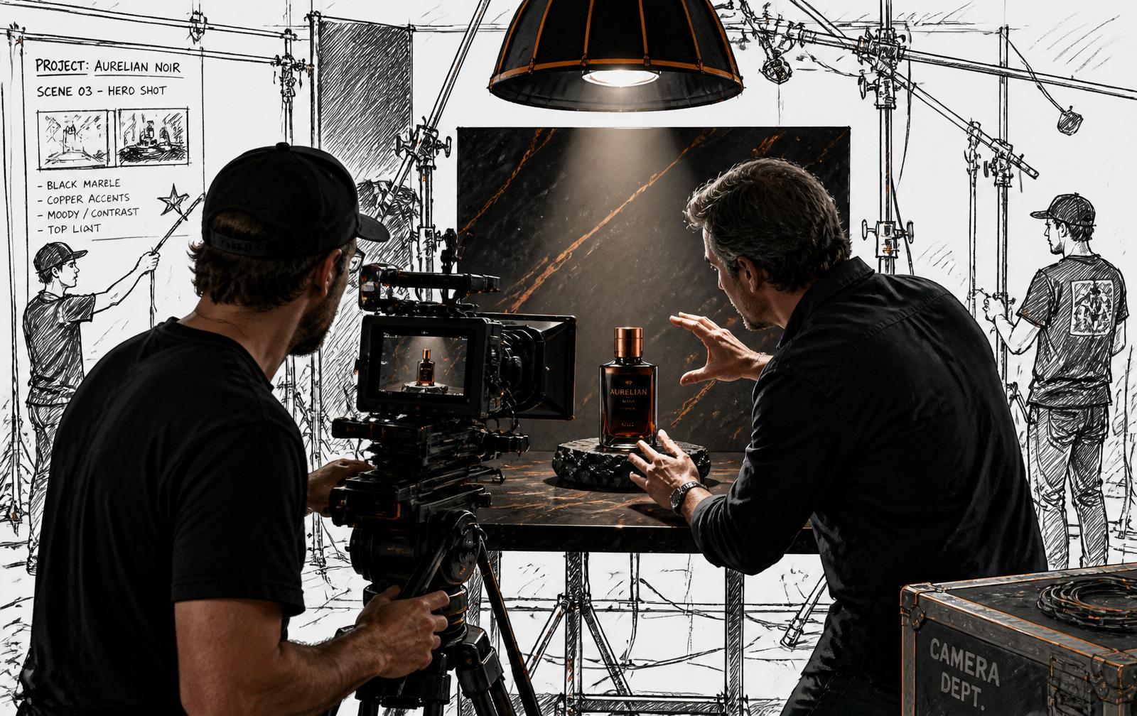 Film set with cinema camera, lighting rig, and director's monitor