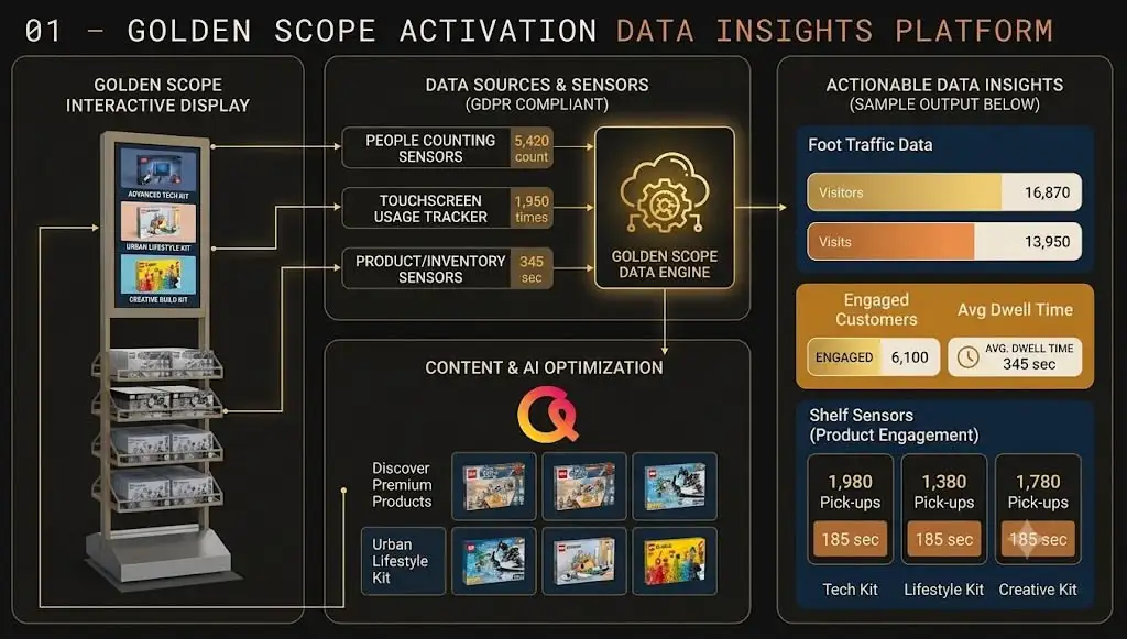 Golden Scope Activation Data Insights Platform diagram showing an interactive in-store display, GDPR-compliant data sources and sensors, the Golden Scope Data Engine, and actionable retail insights including foot traffic, engaged customers, average dwell time, and shelf sensor product engagement.