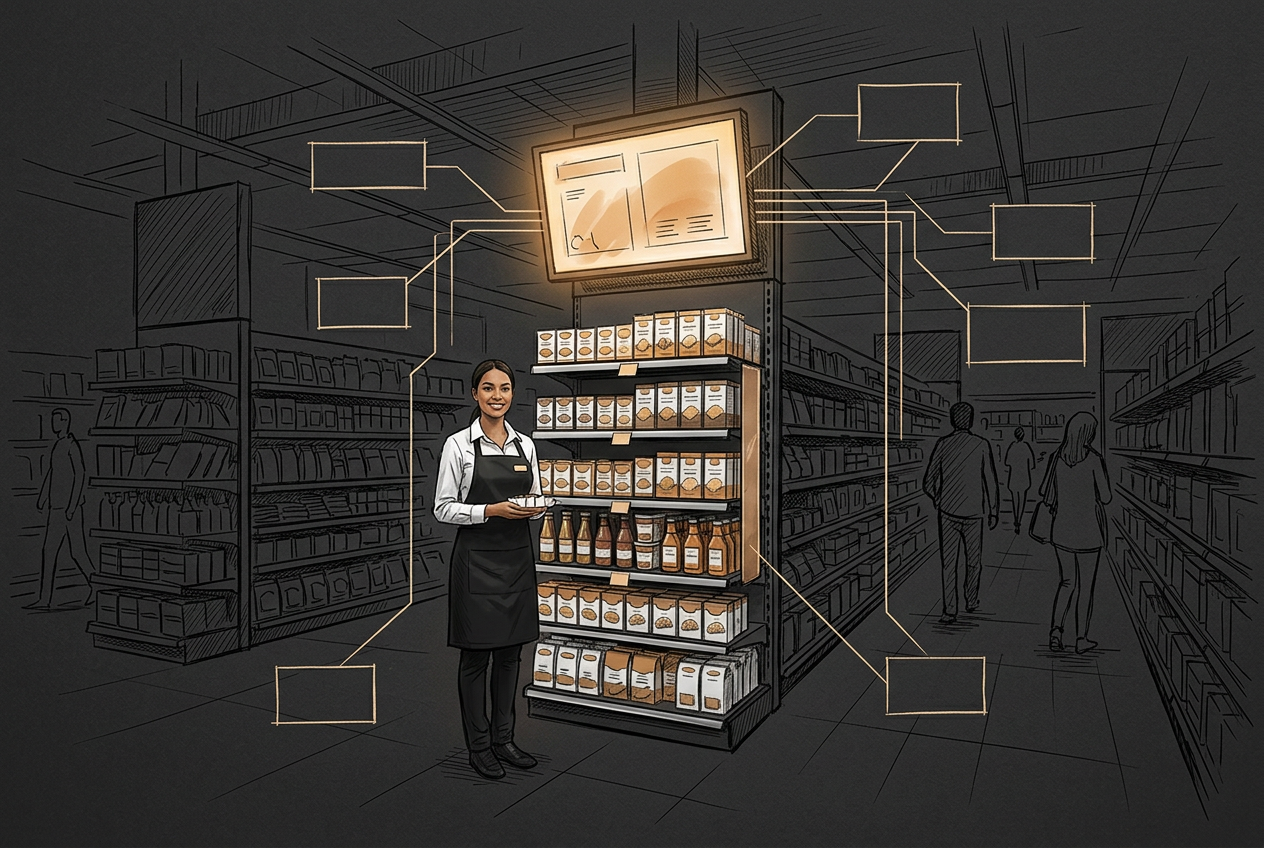 Sampling associate beside a Spotlight end cap with a lit screen above it and sketched store aisles mapping the program around her