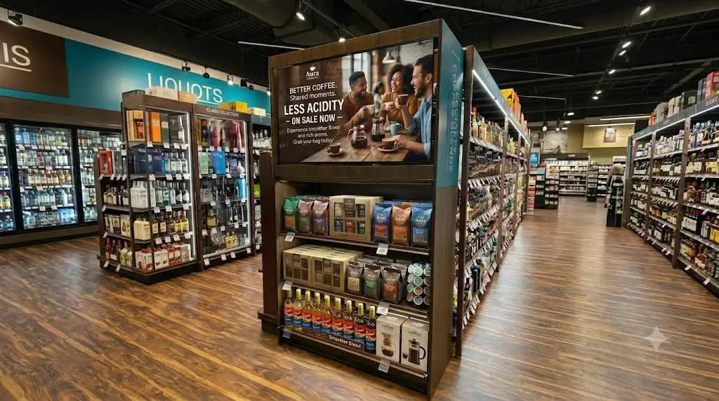 Endcap grocery display with a digital screen running a localized 'Better Coffee' promotion above stocked coffee shelves in a supermarket aisle, showing contextual and data-driven retail content.