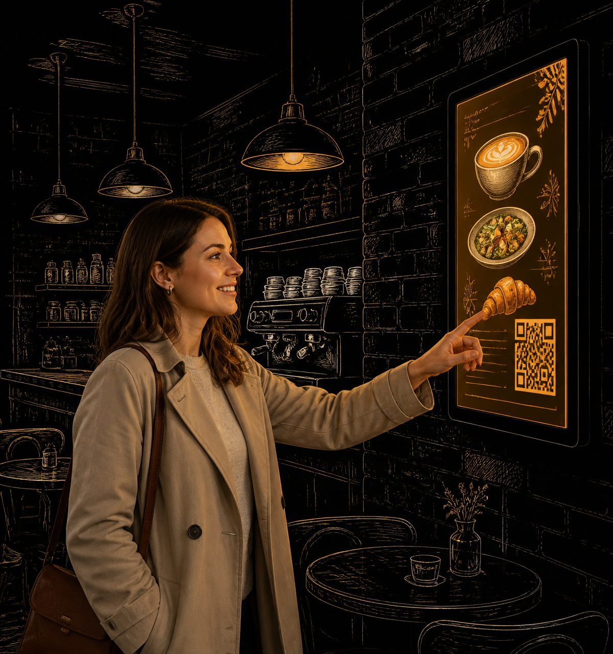 Customer interacting with a ScopeSign.AI local digital display in a café