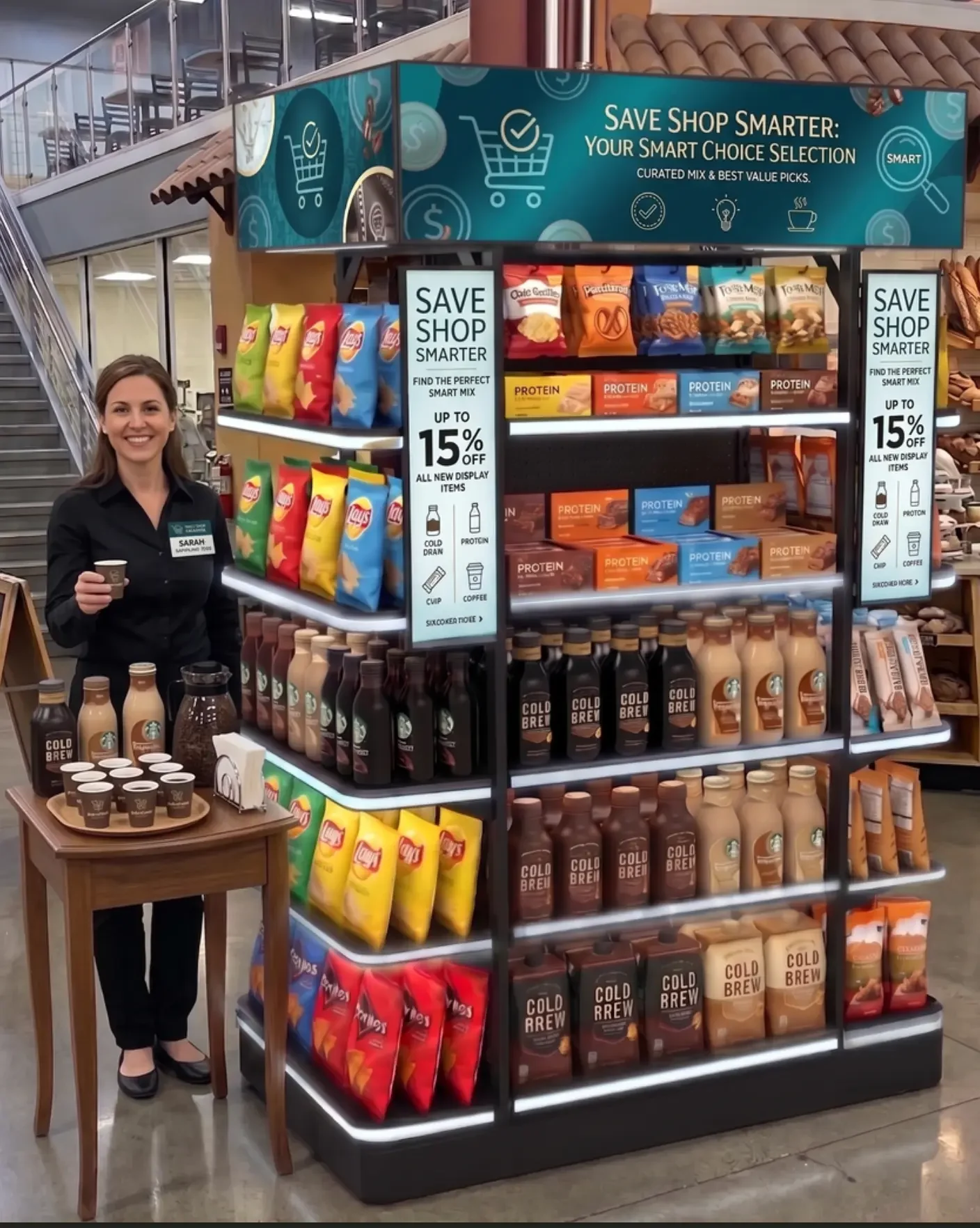 A sampling associate pouring cold brew at a tasting table beside the lit Spotlight end cap stocked with snacks and bottled coffee