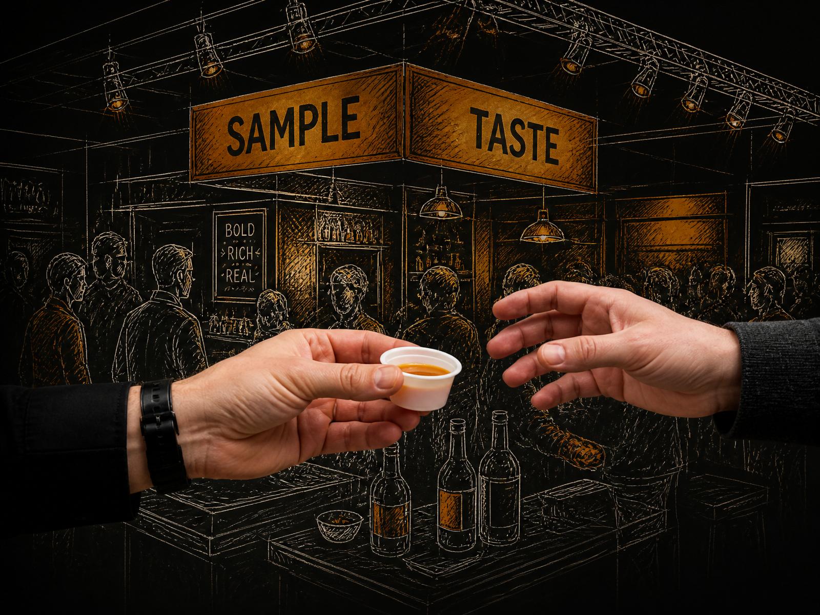 Hand offering a sample cup to a buyer at a trade show booth in the Golden Image Style