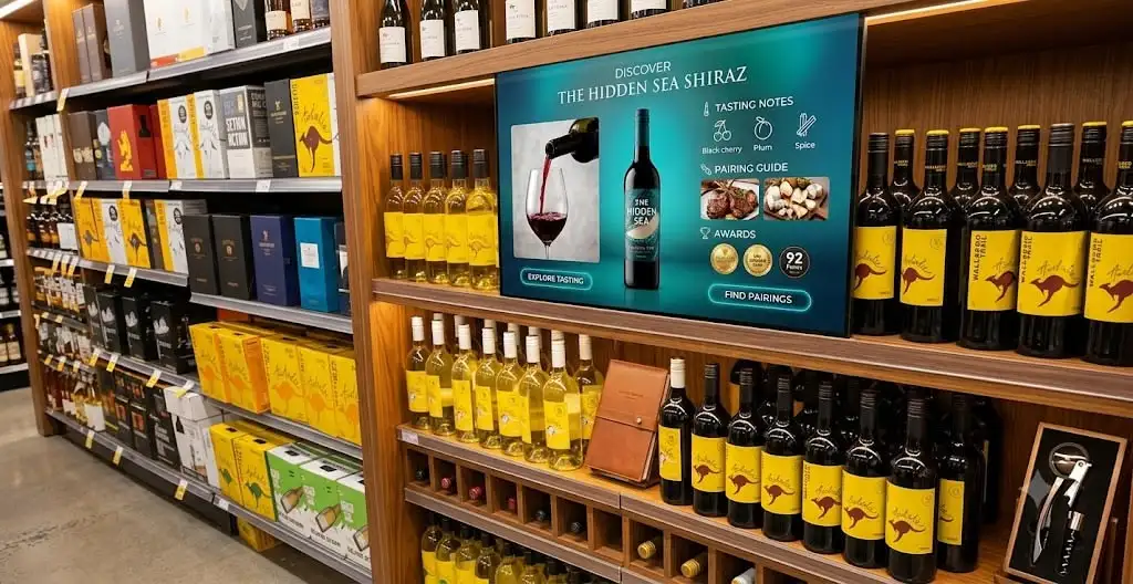 Interactive smart shelf screen displaying wine tasting notes, pairing guides, and awards above stocked bottle shelves, powered by Golden Scope Partners for in-store product education.