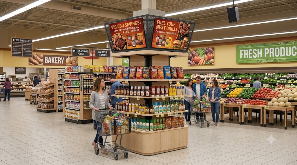 Golden Scope Partners in-store shipper program with branded BBQ endcap display, digital signage screens, and shoppers in a grocery aisle.