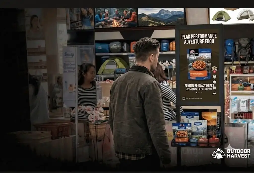 Shoppers at an Outdoor Harvest in-store digital kiosk showing Peak Performance adventure food with product imagery and offers in a camping gear retail aisle, powered by Golden Scope Partners for point-of-purchase product discovery.