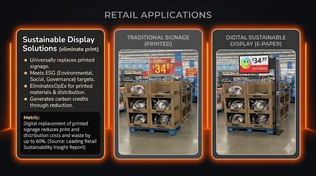 Sustainable display solutions comparison showing traditional printed retail signage versus a digital e-paper price display on an in-store pallet, highlighting print elimination and ESG carbon reduction benefits.