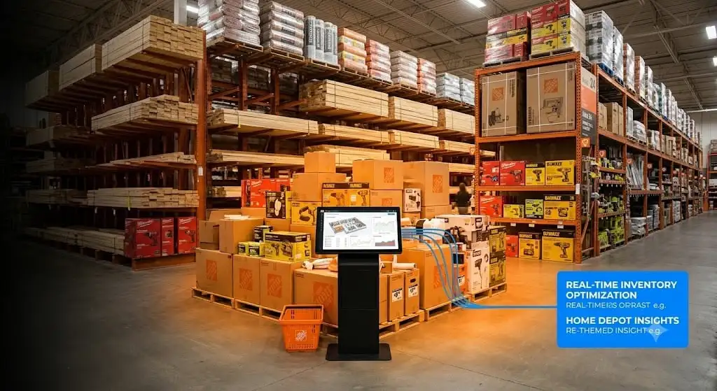Home improvement retail warehouse aisle with stocked pallet racking and an interactive kiosk display delivering real-time inventory optimization and out-of-stock alerts for store replenishment teams.