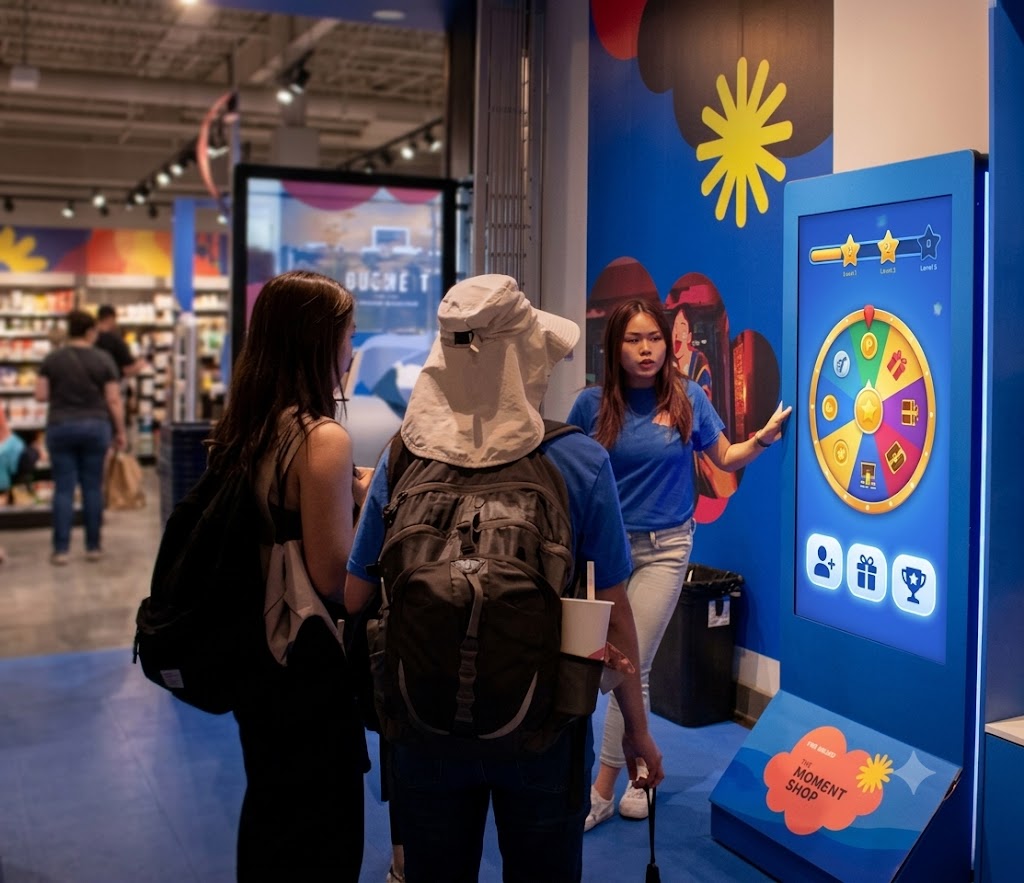 Shoppers engaging with an interactive in-store loyalty kiosk featuring a digital rewards wheel and gamified sign-ups, powered by Golden Scope Partners for retail loyalty and lead generation.