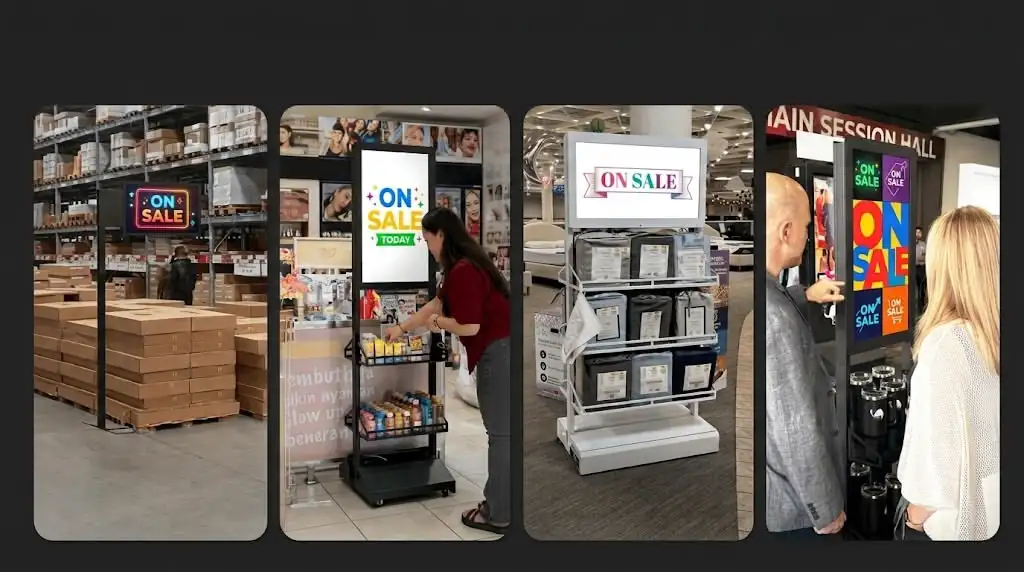 Four in-store retail merchandising displays with bright digital ON SALE signage across warehouse, beauty, bedding, and event-hall environments.