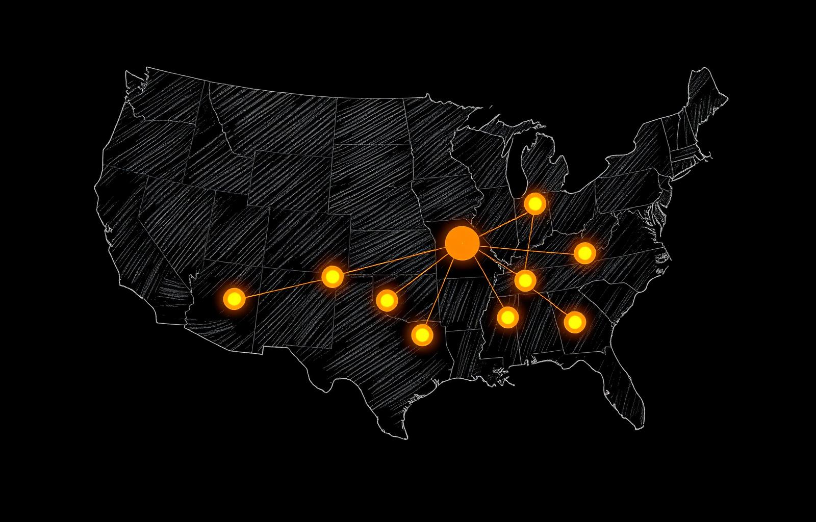 Hand drawn map of the United States with glowing amber nodes connected across the central and eastern distribution corridor.