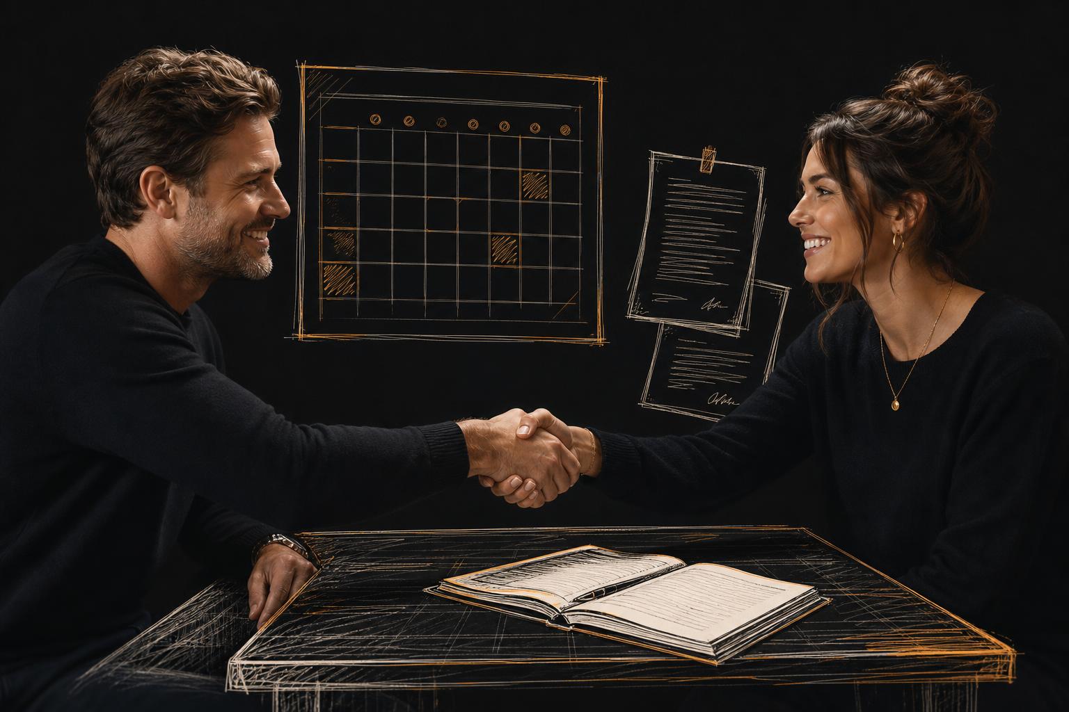 Handshake between a brand founder and a creator across a table, sketched calendar and contract behind them