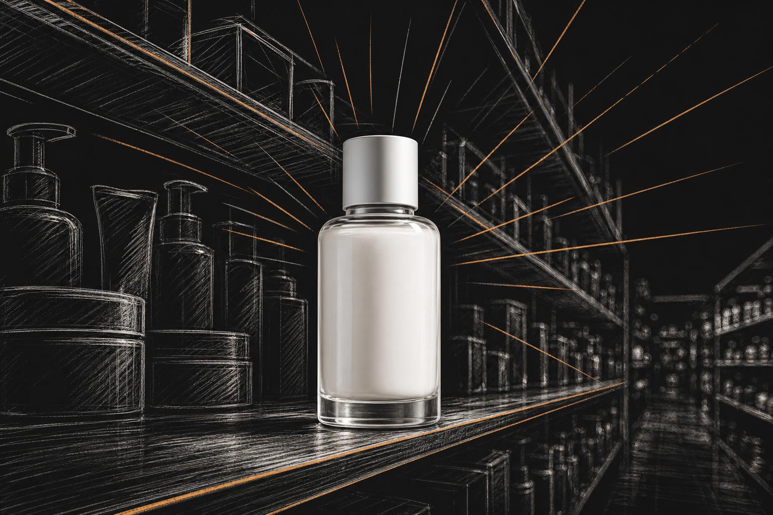 Hero product on a retail shelf with sketched store aisle and burst lines radiating outward