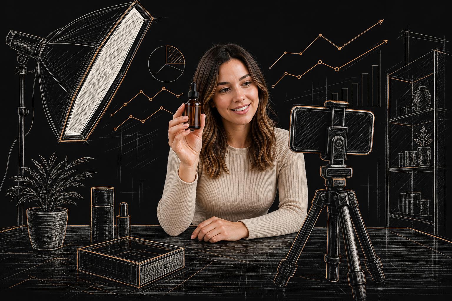 Creator holding a product up to a smartphone camera with sketched analytics charts in the background