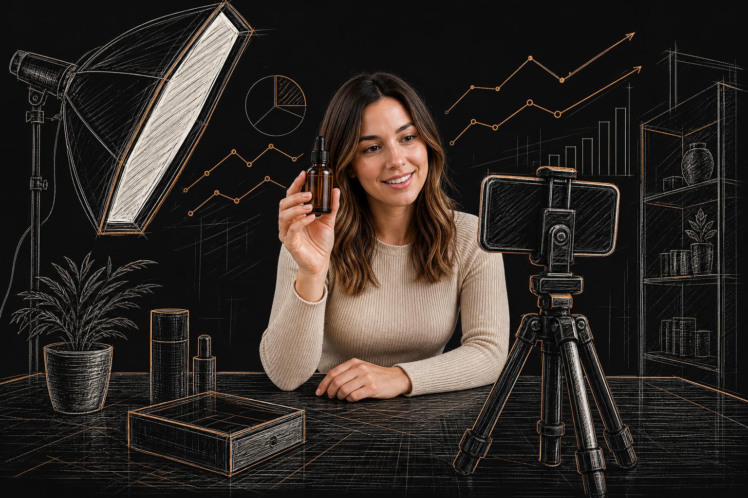 Creator holding a product up to a smartphone camera with sketched analytics charts in the background
