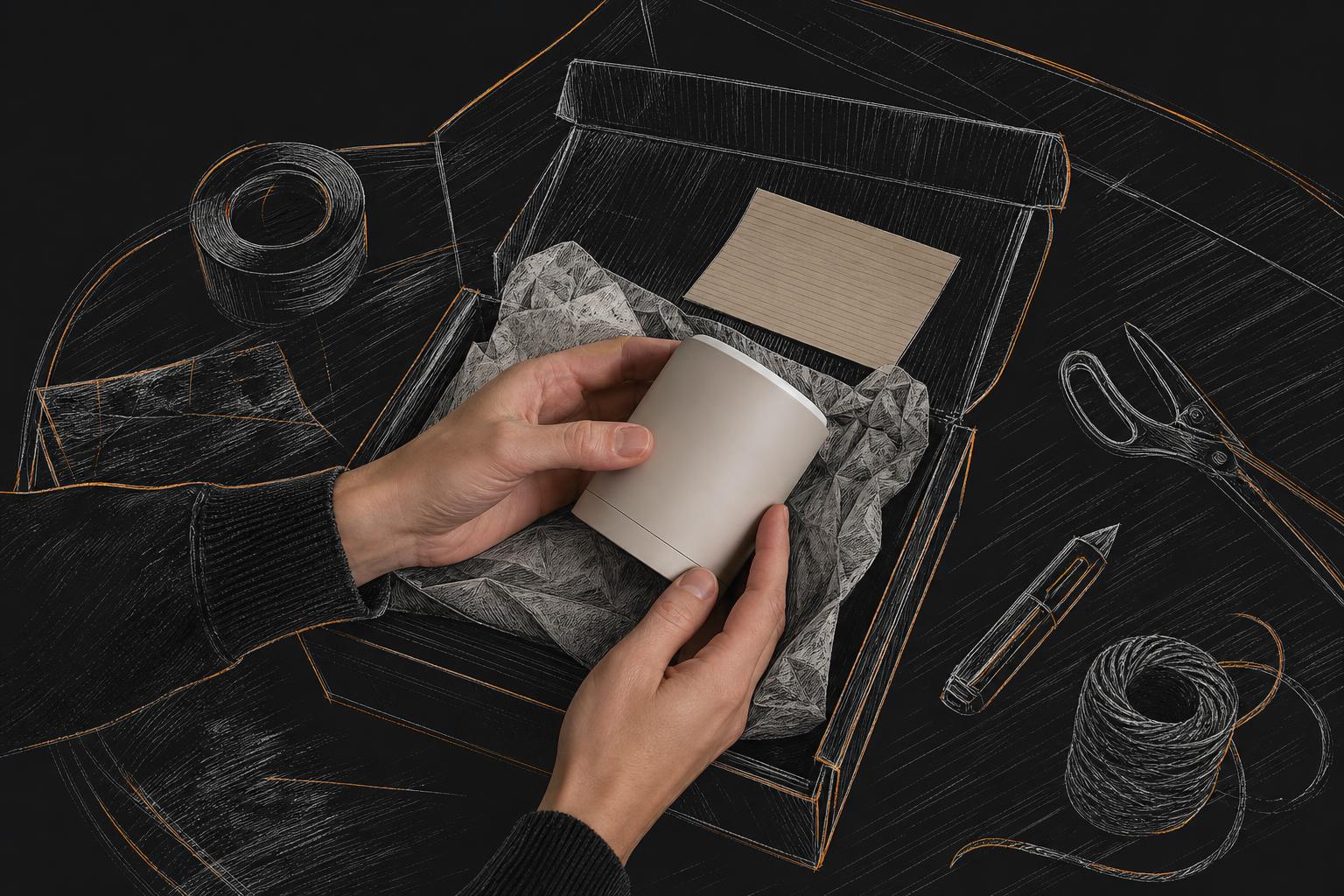 Hands unboxing a packaged product from a kraft mailer on a wooden table, sketched packing supplies