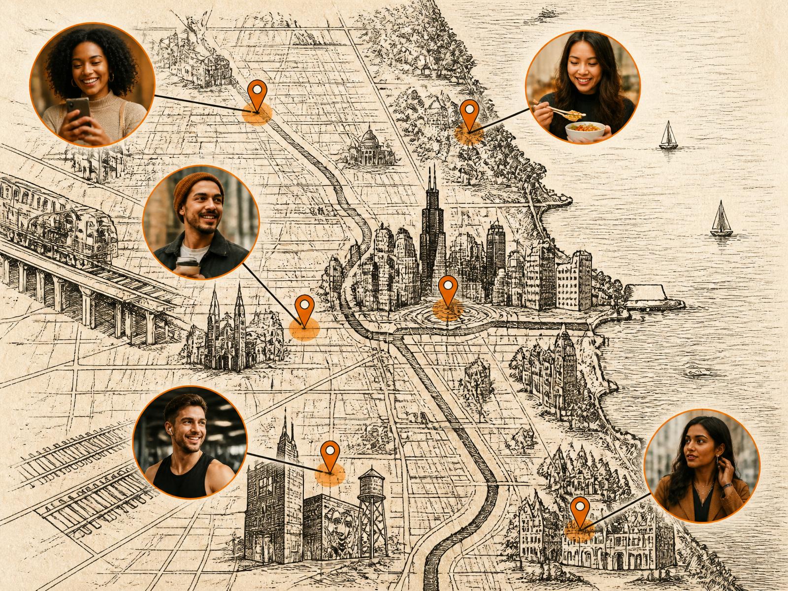 Hand-drawn map of Chicago with five micro-influencer portraits pinned to neighborhoods