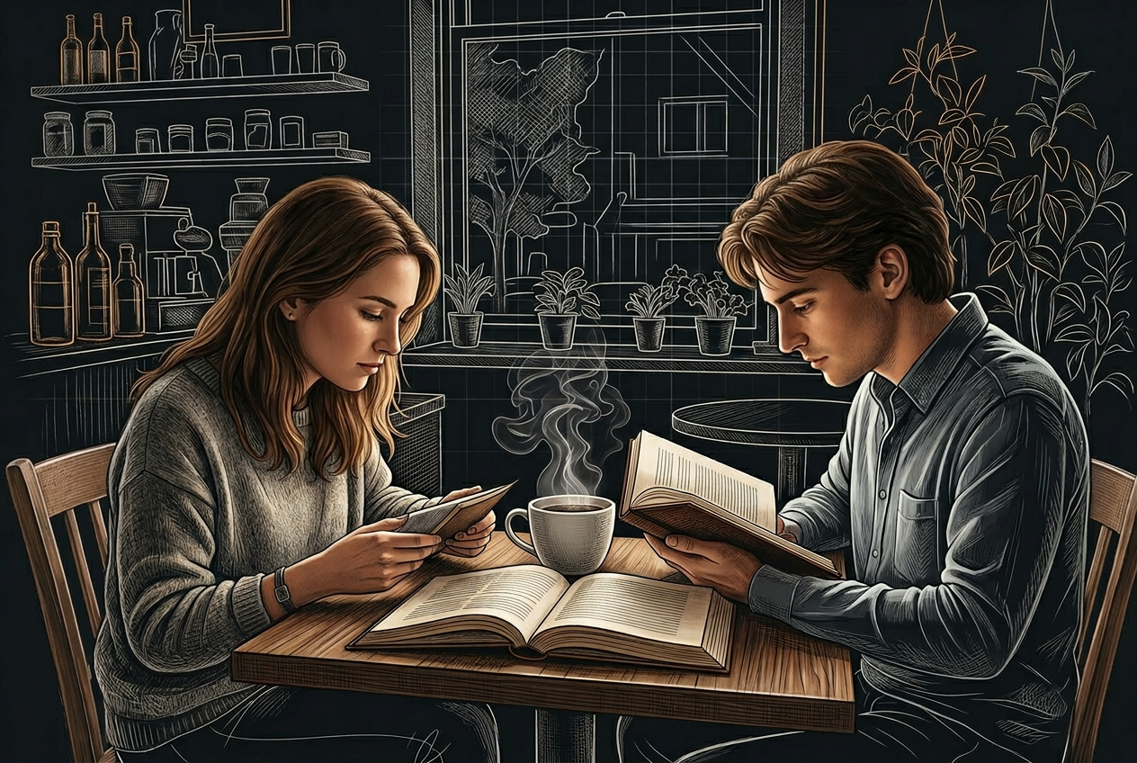 Monochrome blueprint line drawing of the same cafe scene, rendered as thin white drafting strokes on deep ink, the technical schematic behind every Coffee Reads piece.