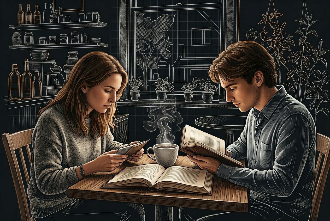 Monochrome blueprint line drawing of the same cafe scene, rendered as thin white drafting strokes on deep ink, the technical schematic behind every Coffee Reads piece.