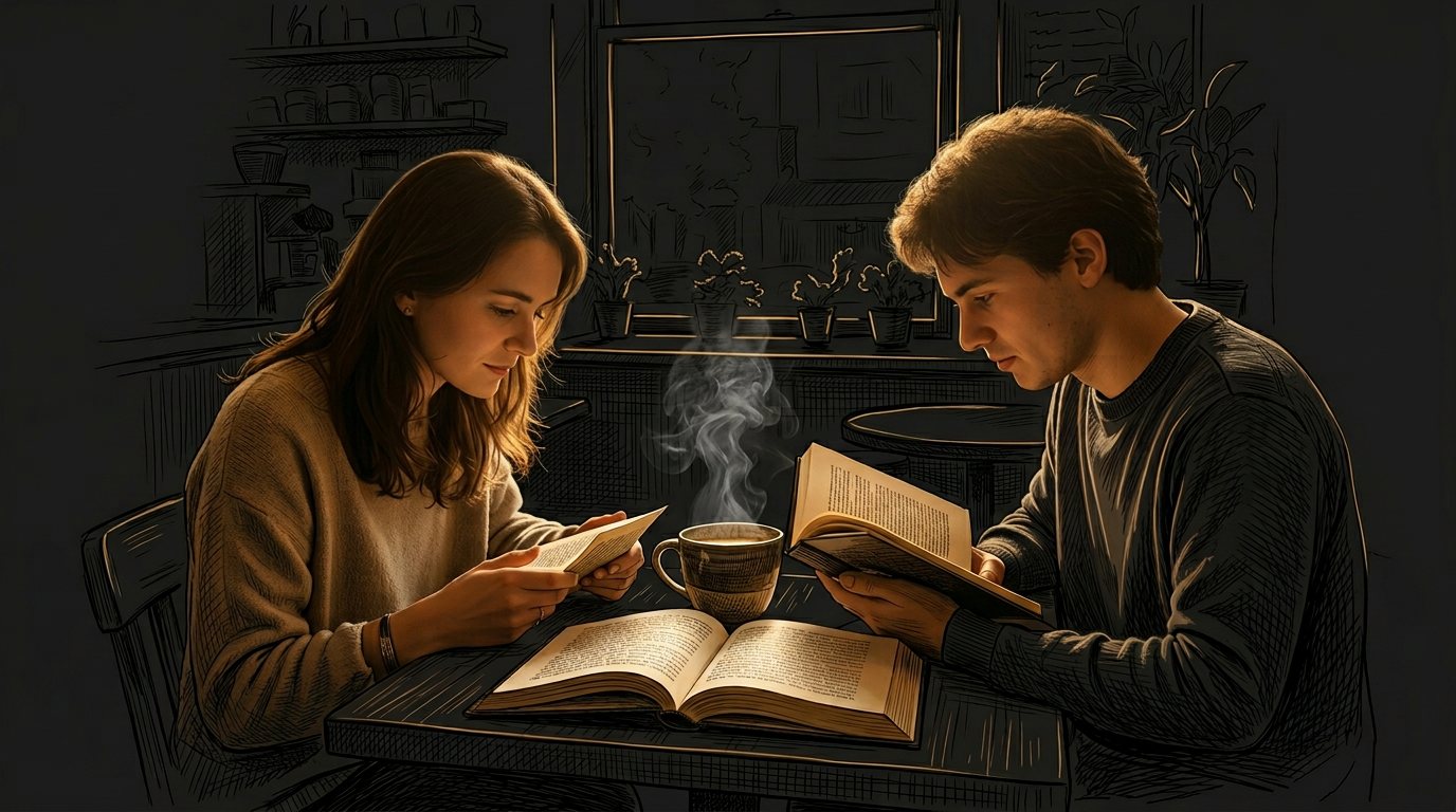 Two readers absorbed in books at a sunlit wooden cafe table, steam curling from a ceramic mug, the slow, considered ritual behind Goldenscope's Coffee Reads on AI marketing, sales strategy, and industry news.