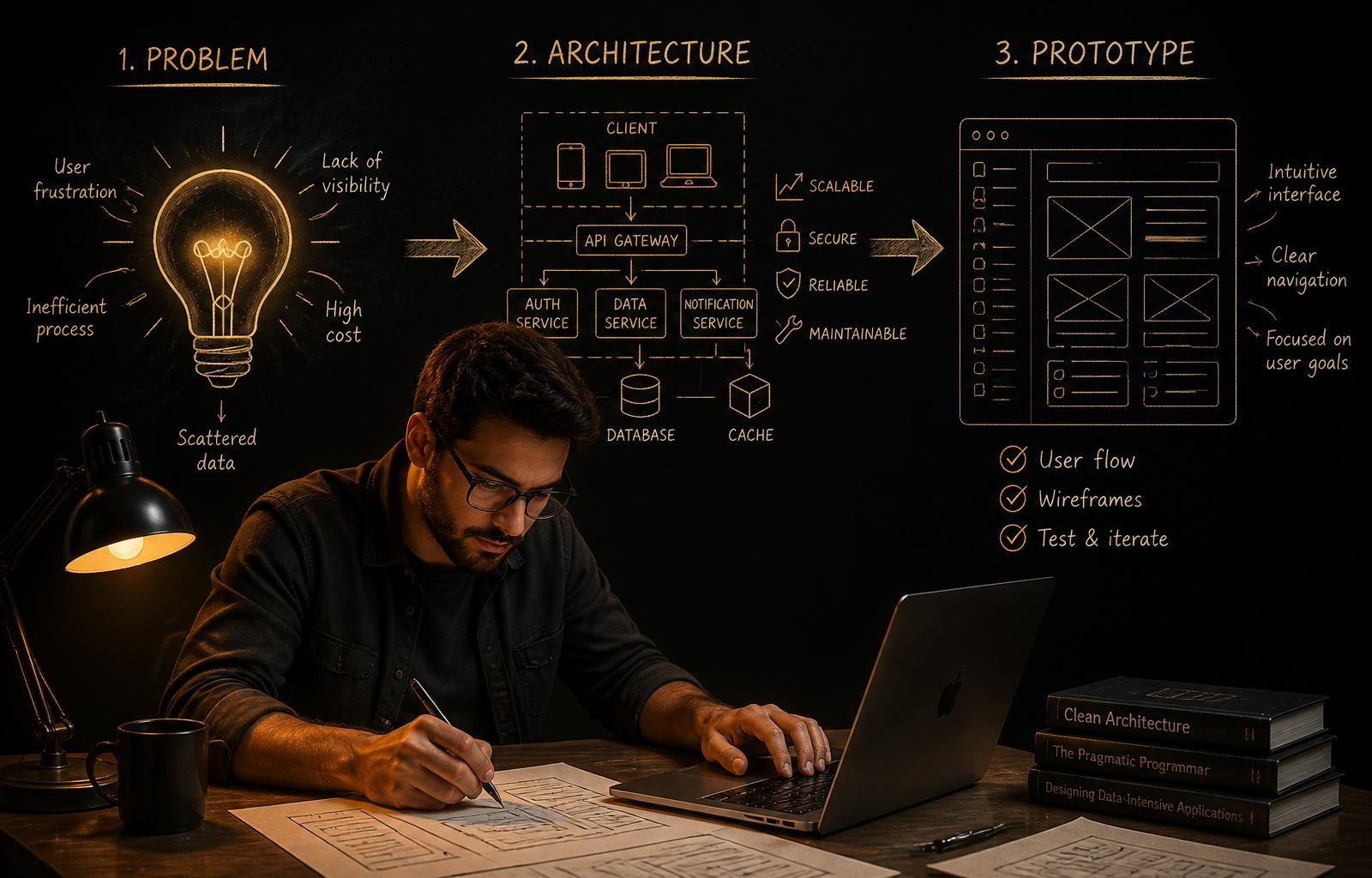 Operator at a laptop surrounded by a hand-drawn pen-and-ink diagram connecting problem, architecture, and prototype into one build system.
