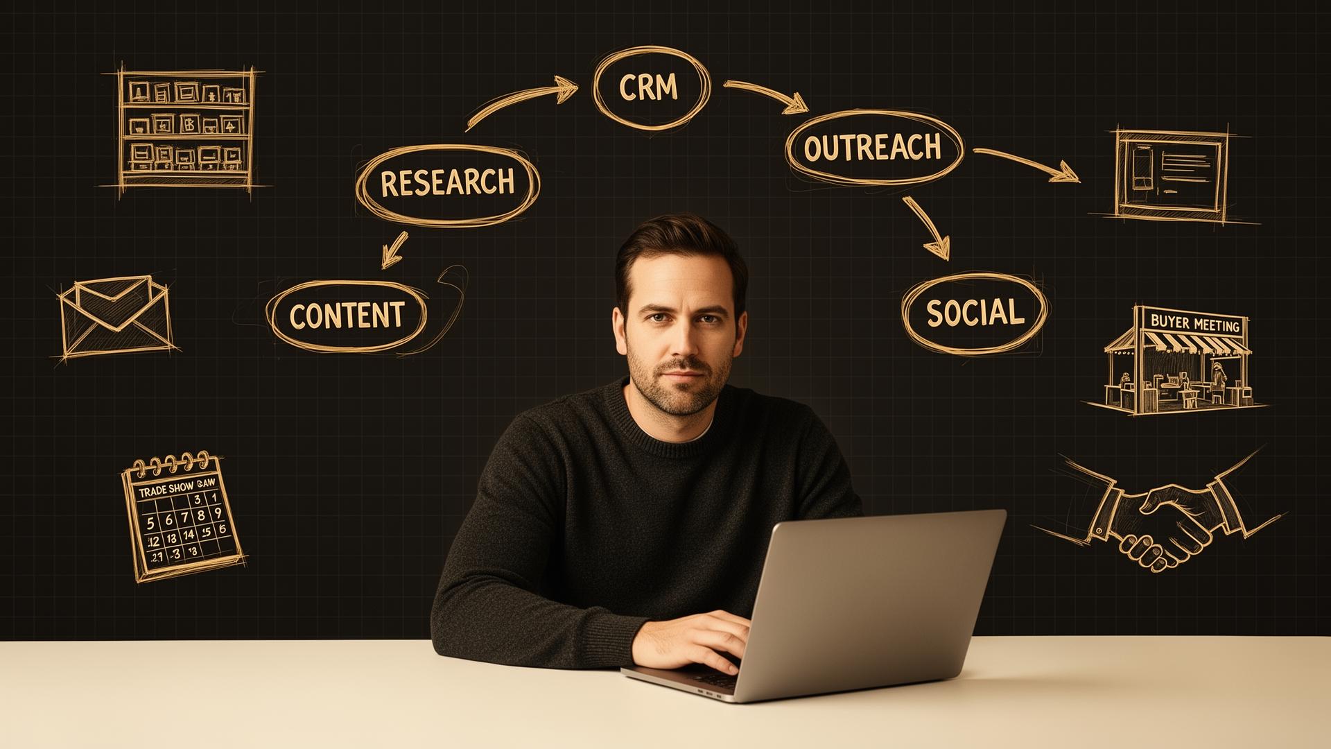 Operator at a laptop surrounded by a hand-drawn pen-and-ink diagram connecting CRM, research, outreach, content, social, and buyer meetings into one brand launch system.