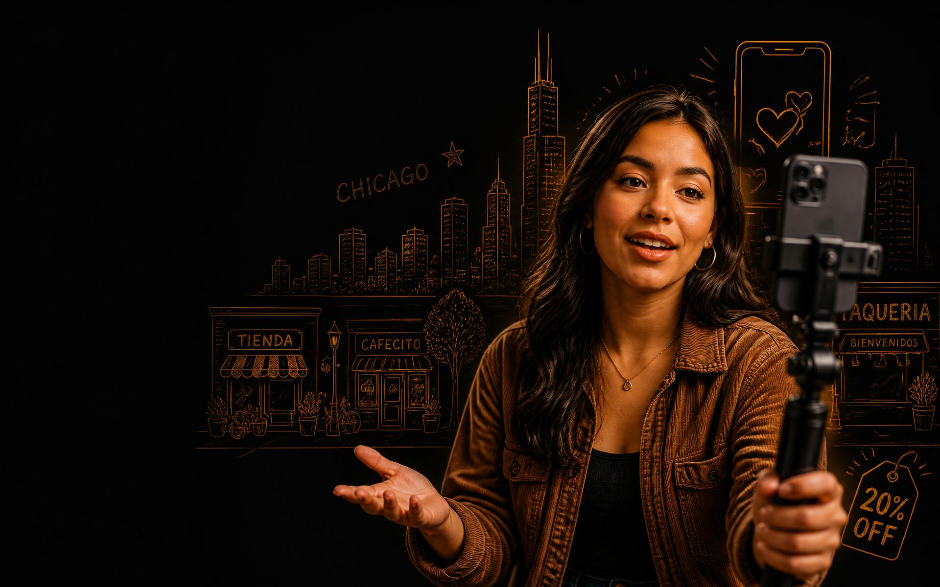 Latina content creator filming a phone on a tripod with amber sketches of the Chicago skyline and local storefronts behind her