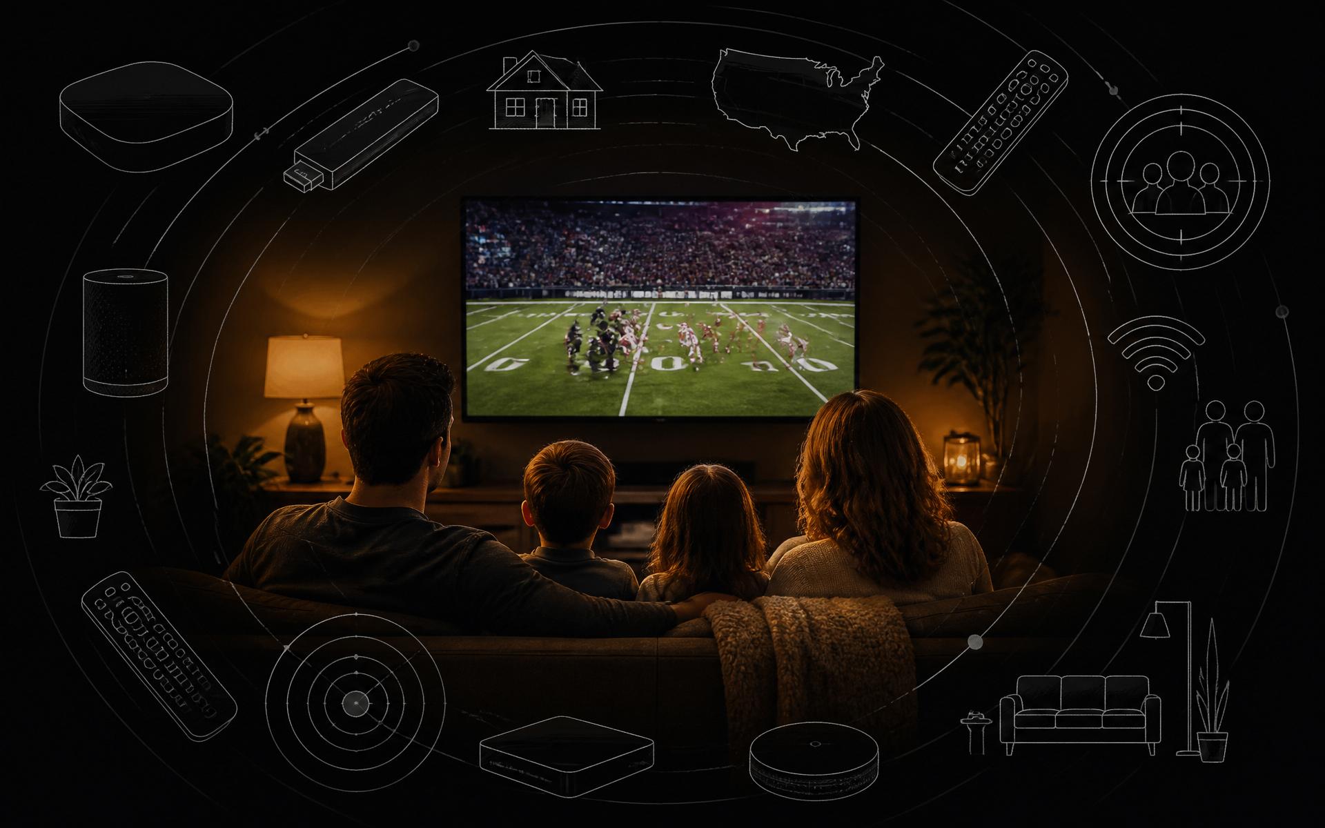 Family watching a football game on a connected TV in a warm living room surrounded by pen-and-ink sketches of streaming devices, remotes, radius circles and household targeting icons