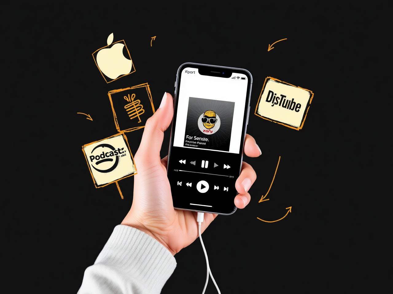 A hand holding a phone showing a podcast app playing a Goldenscope episode, with hand-drawn pen-and-ink sketches of platform tiles in cream and amber.