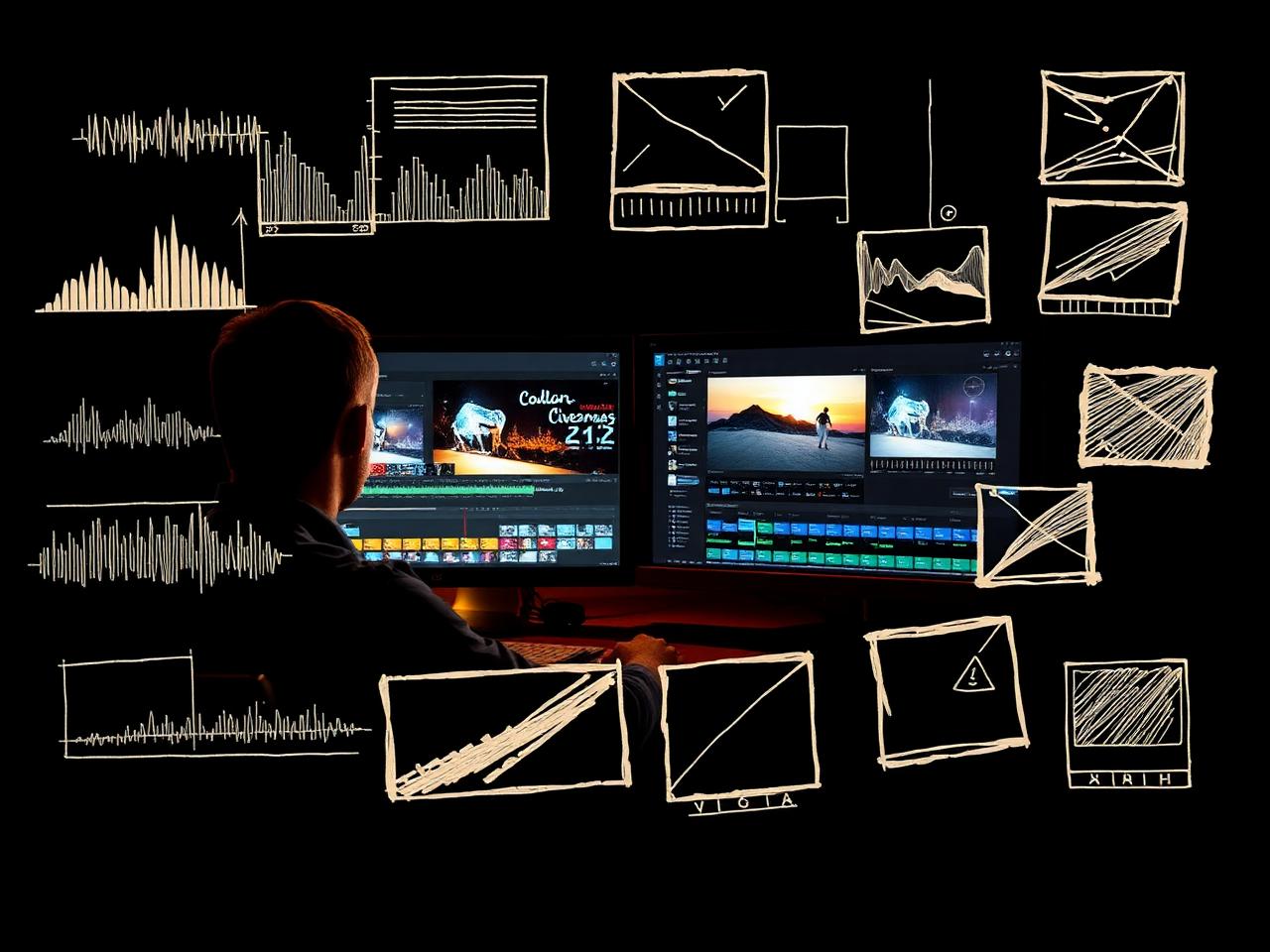 A video editor at dual monitors building a podcast episode timeline, with hand-drawn pen-and-ink chart sketches in the Goldenscope visual style.