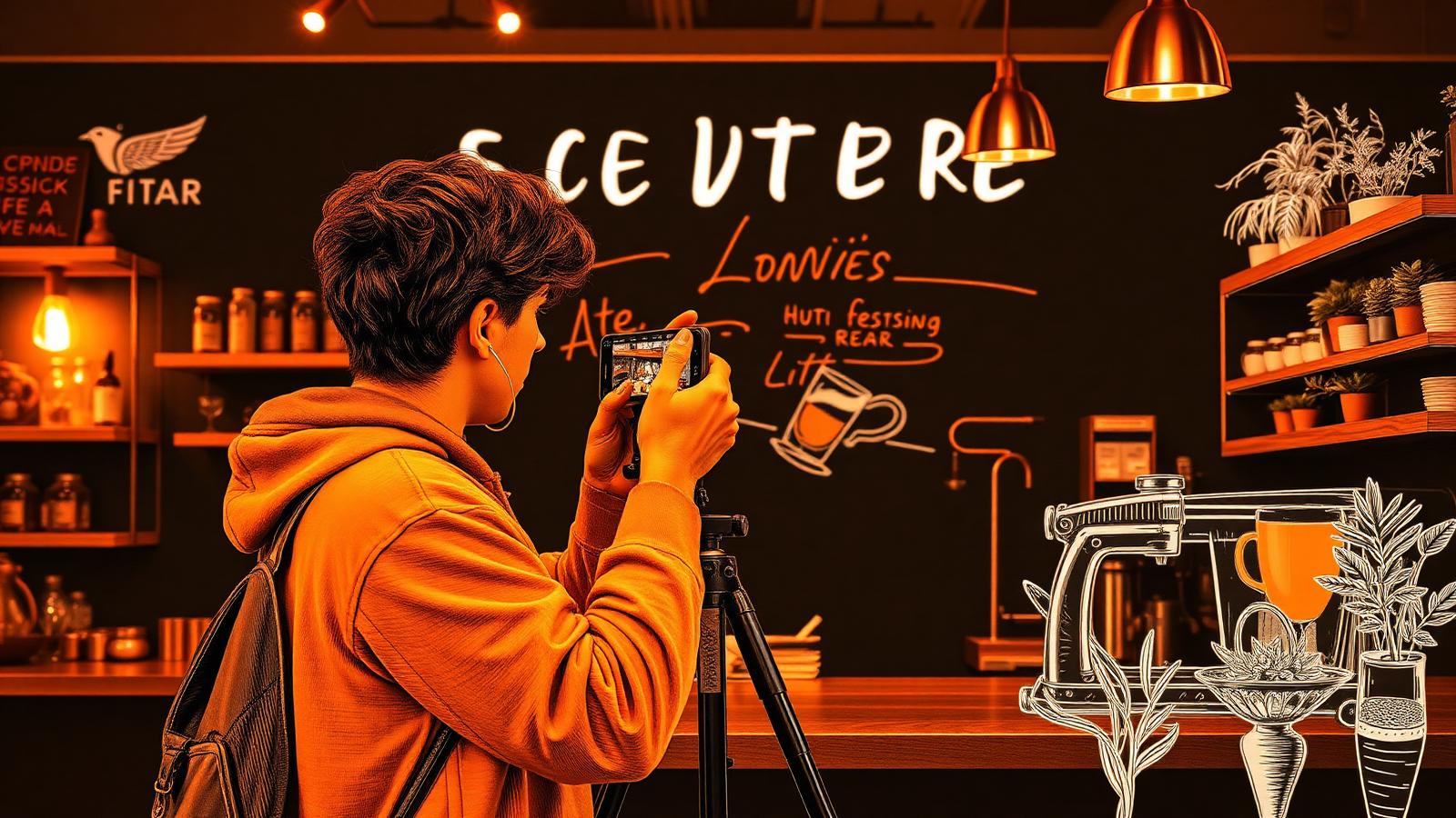 Local creator filming a short video at a neighborhood cafe