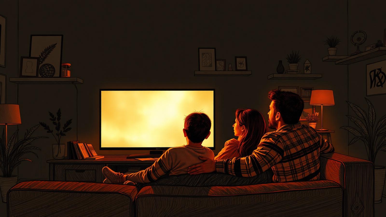 Family on the couch watching a connected TV ad in a warm living room