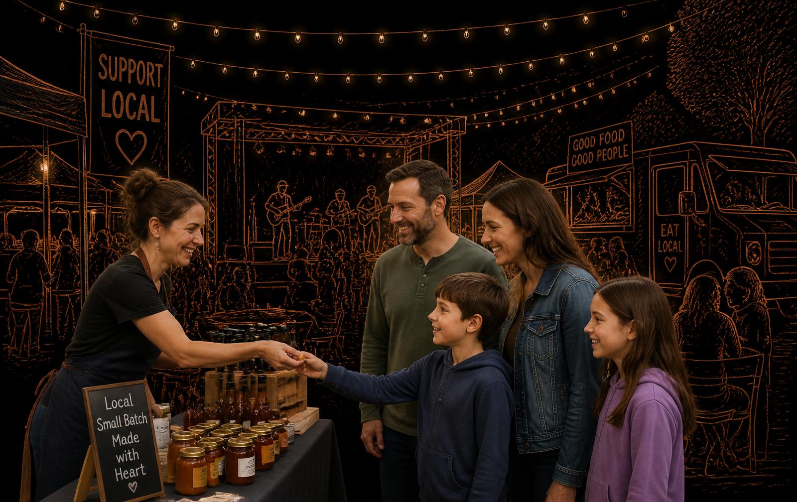 Small business owner handing a sample to a family at a community street festival