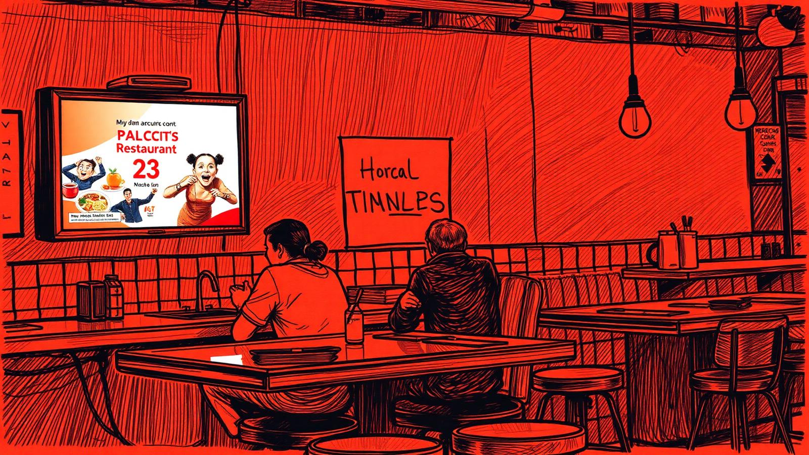 Local business ad on a digital screen inside a warm neighborhood diner