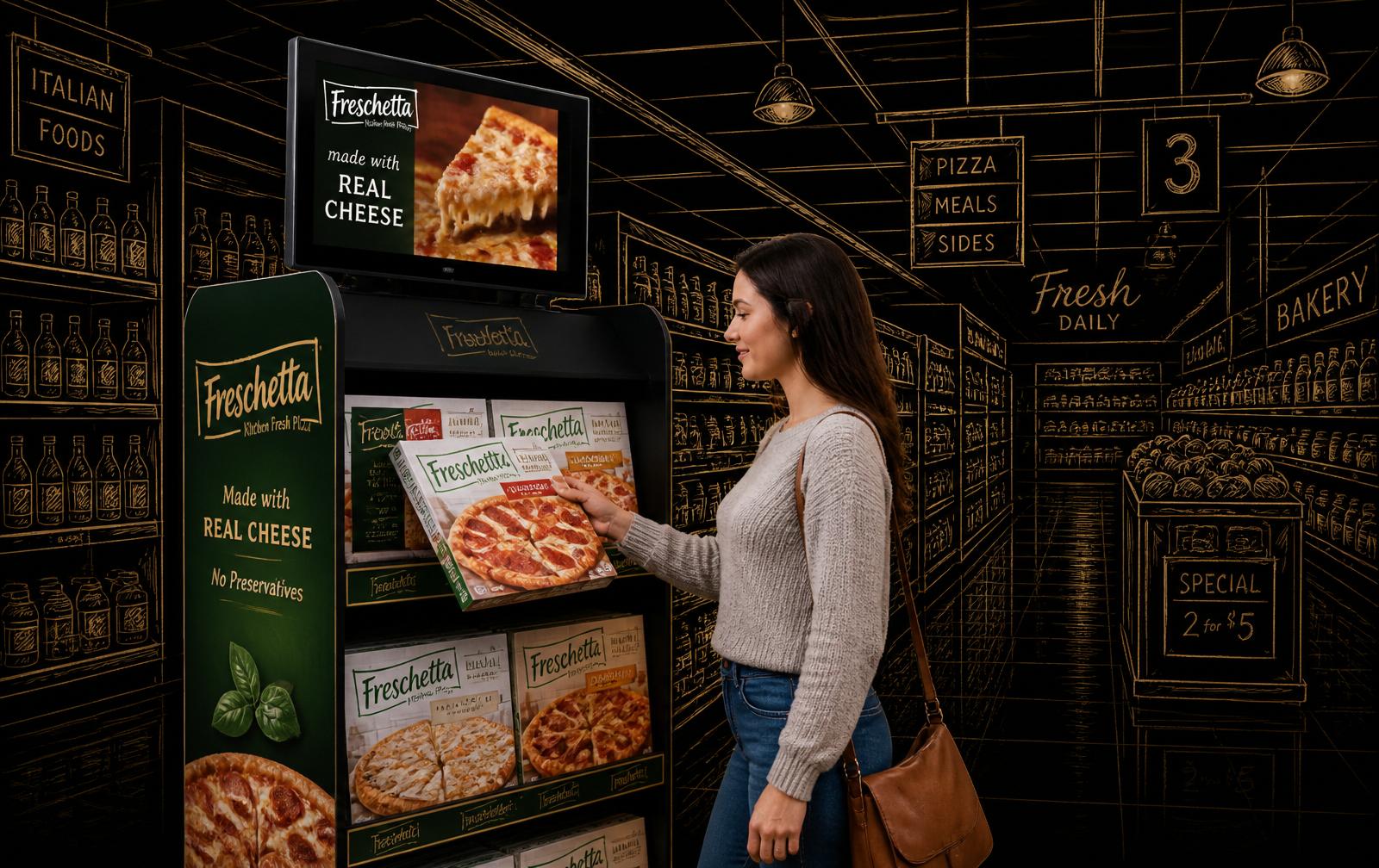 Shopper picking up a product from a branded shipper display with a small screen playing an ad