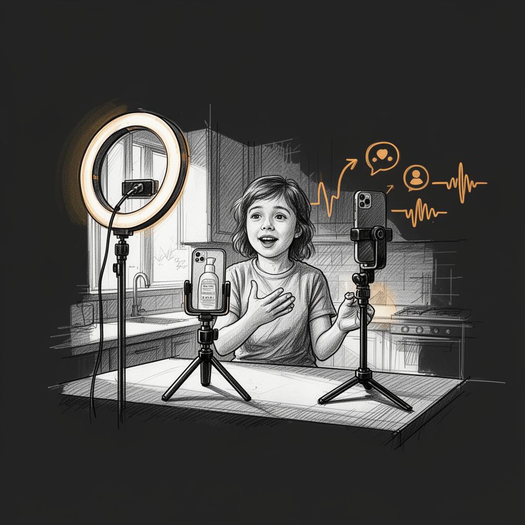 A creator filming a product video on a phone tripod in a sunlit kitchen, surrounded by hand-drawn lighting, ring light, and engagement waveform sketches.