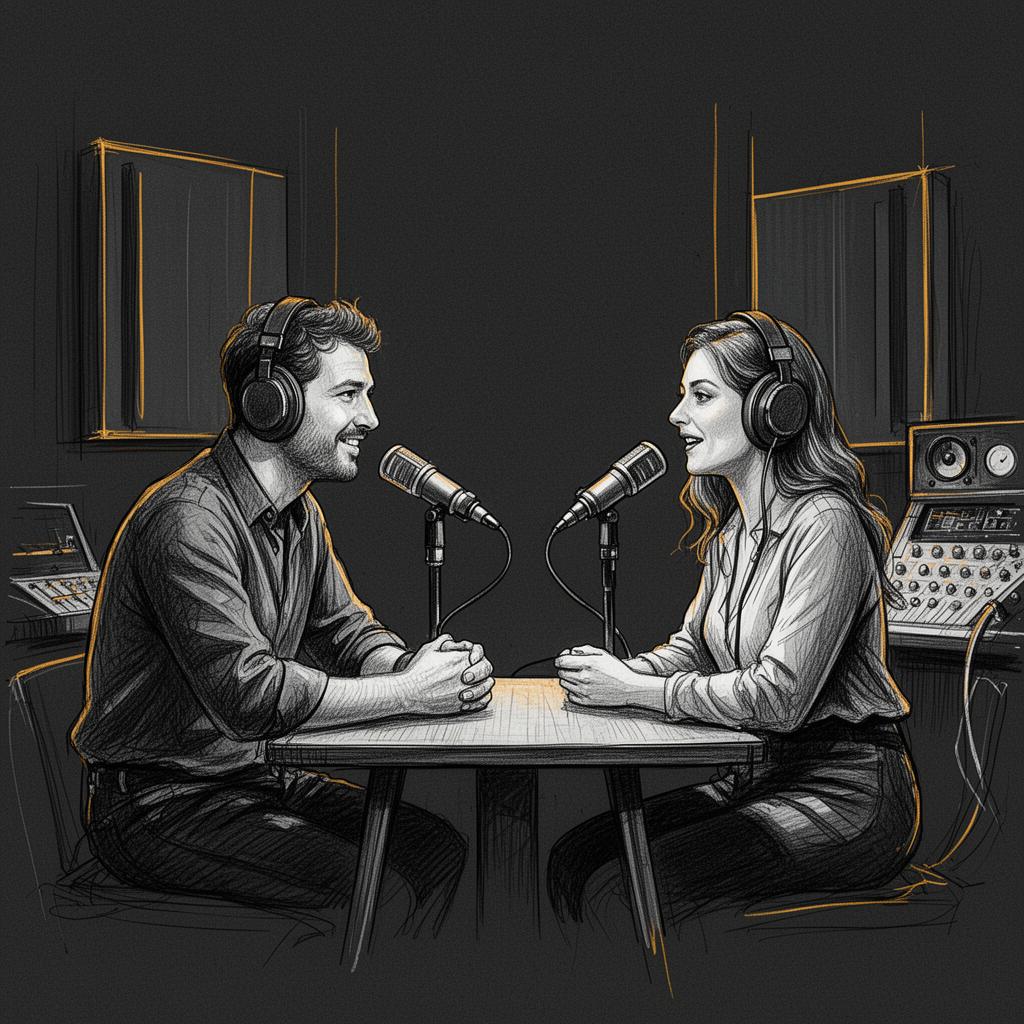 Two hosts in a studio recording a branded podcast, framed by hand-drawn pen-and-ink studio surroundings with amber accents.