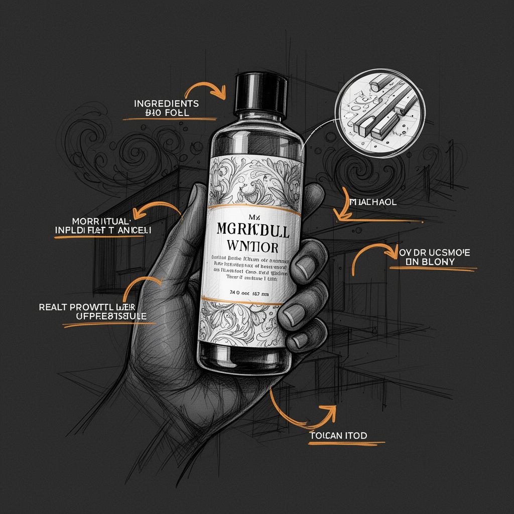 A hand holding a consumer product bottle, surrounded by hand-drawn ingredient and call-out sketches with amber arrows.