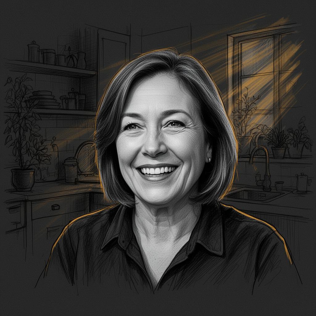 A smiling customer mid interview in a warmly lit kitchen, surrounded by hand-drawn pen-and-ink sketch lines and amber accents.