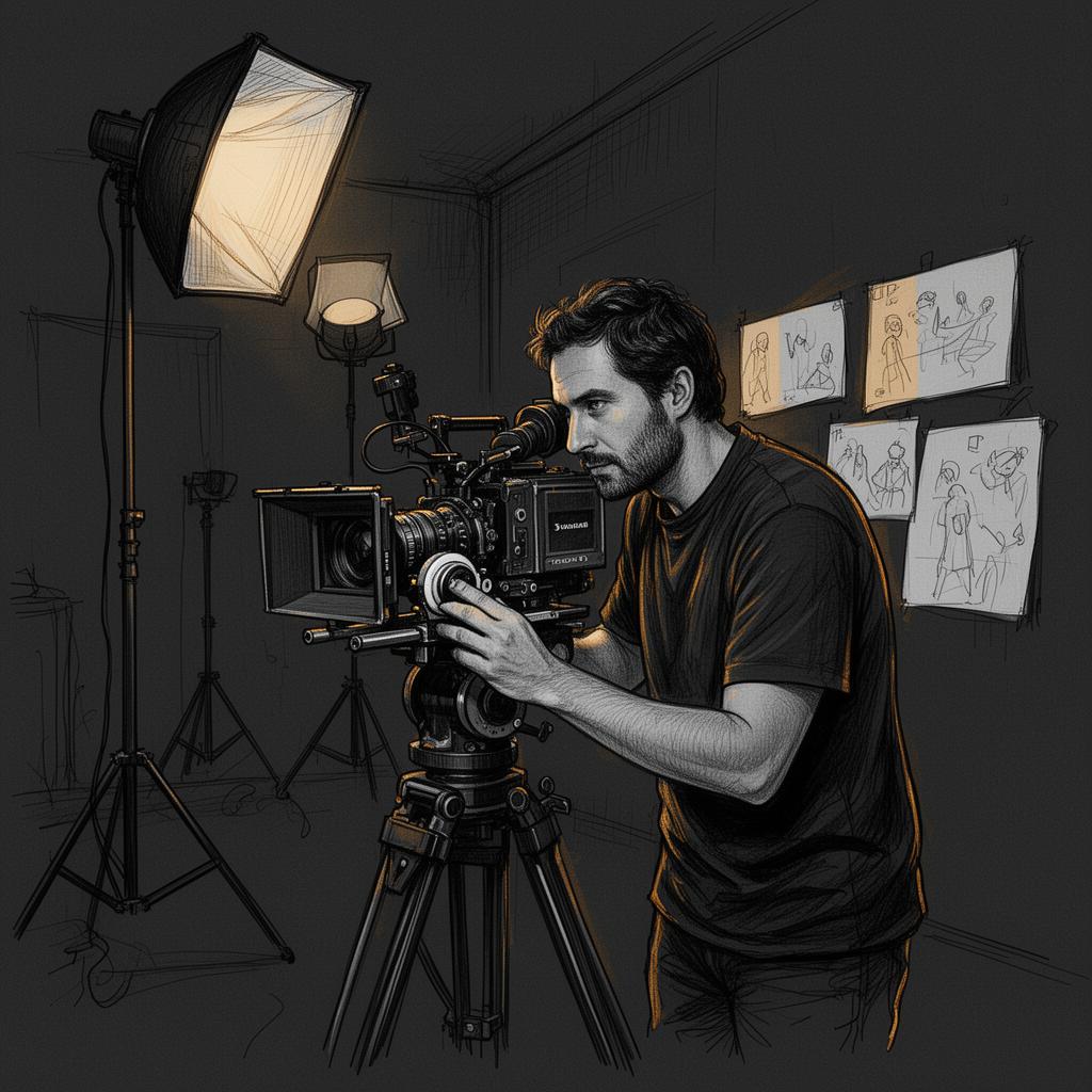 A cinematographer behind a cinema camera on a tripod, surrounded by hand-drawn sketches of soft boxes, C stands, and storyboards.