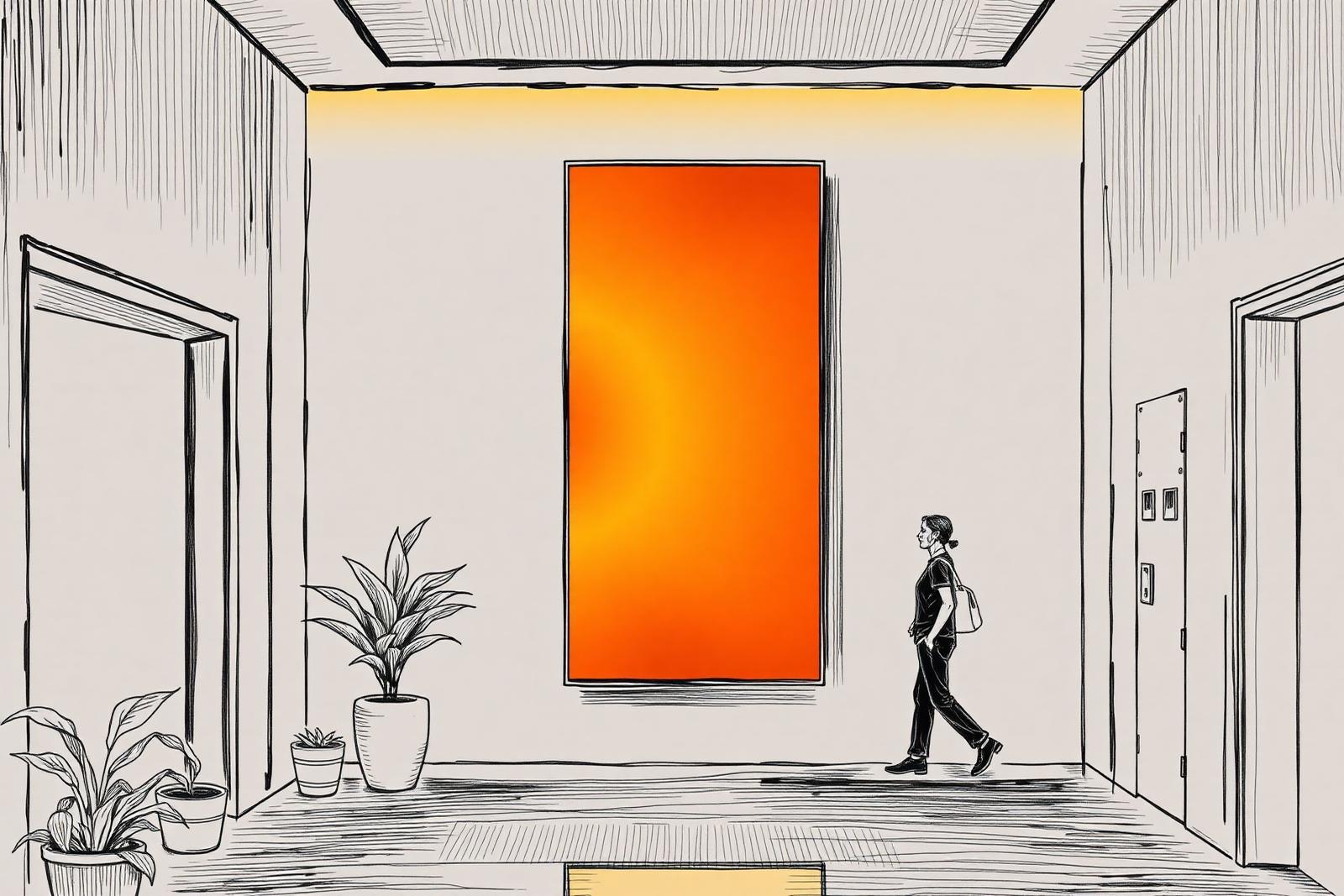 Digital display mounted in an apartment lobby with amber content on screen