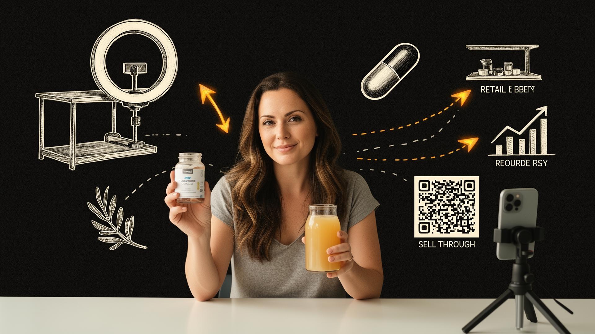 Wellness creator at a kitchen counter holding a supplement bottle and a functional drink, surrounded by hand drawn pen and ink sketches of a ring light, a retail shelf, a capsule, a QR code, and a sell through chart with attribution arrows.