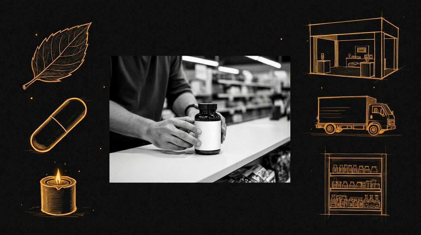 Hands inspecting a supplement bottle on a retail counter, surrounded by pen and ink sketches of a leaf, a capsule, a candle, a tradeshow booth, a delivery truck, and a grocery shelf.