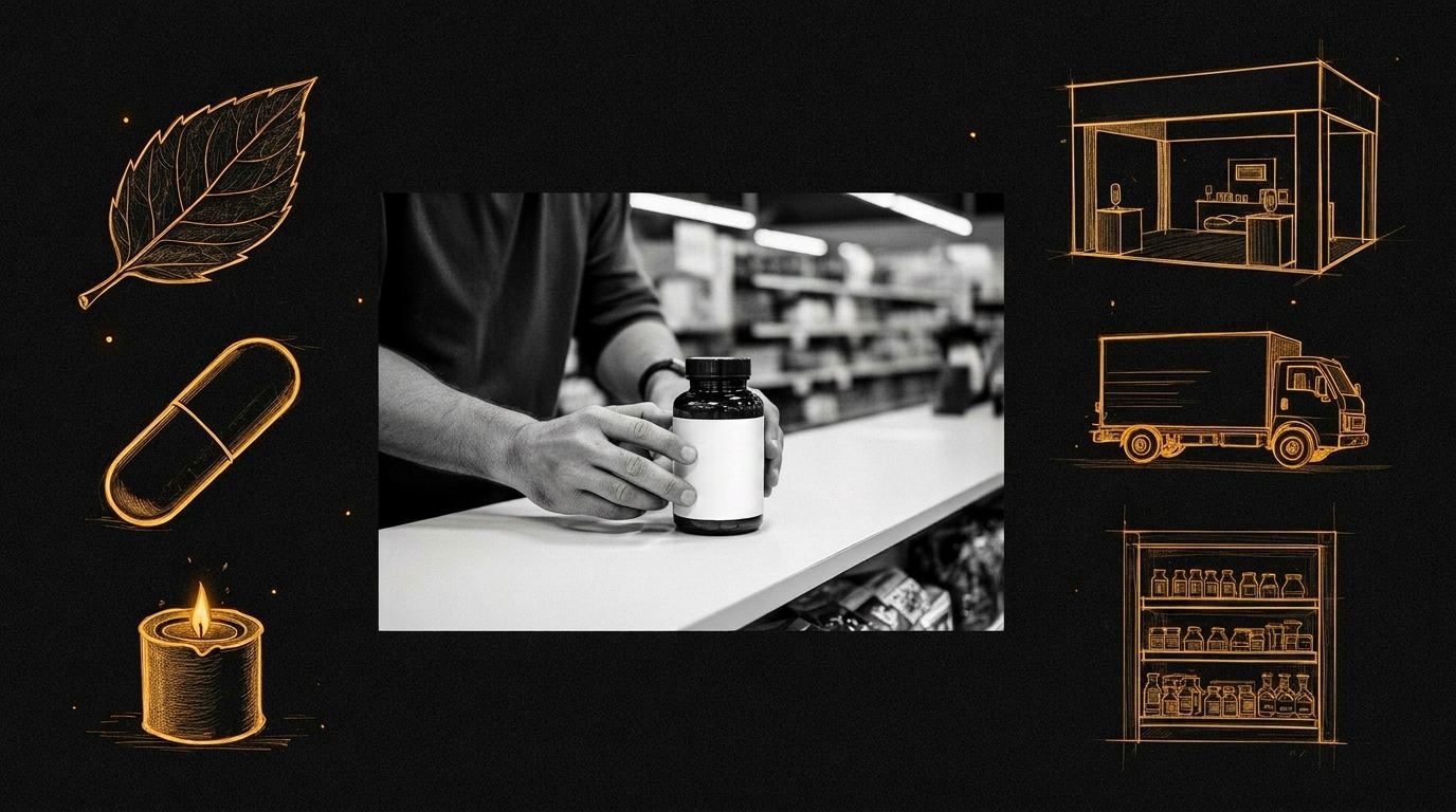 Hands inspecting a supplement bottle on a retail counter, surrounded by pen and ink sketches of a leaf, a capsule, a candle, a delivery truck, and a grocery shelf.