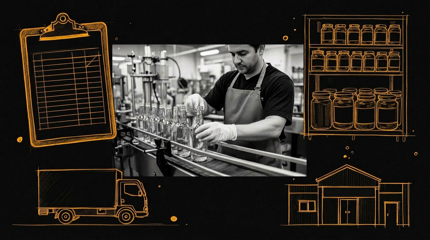 Production line operator inspecting a filled glass bottle on a stainless steel bottling line, surrounded by pen and ink sketches of a clipboard, a private label retail shelf, a delivery truck, and a tradeshow booth.